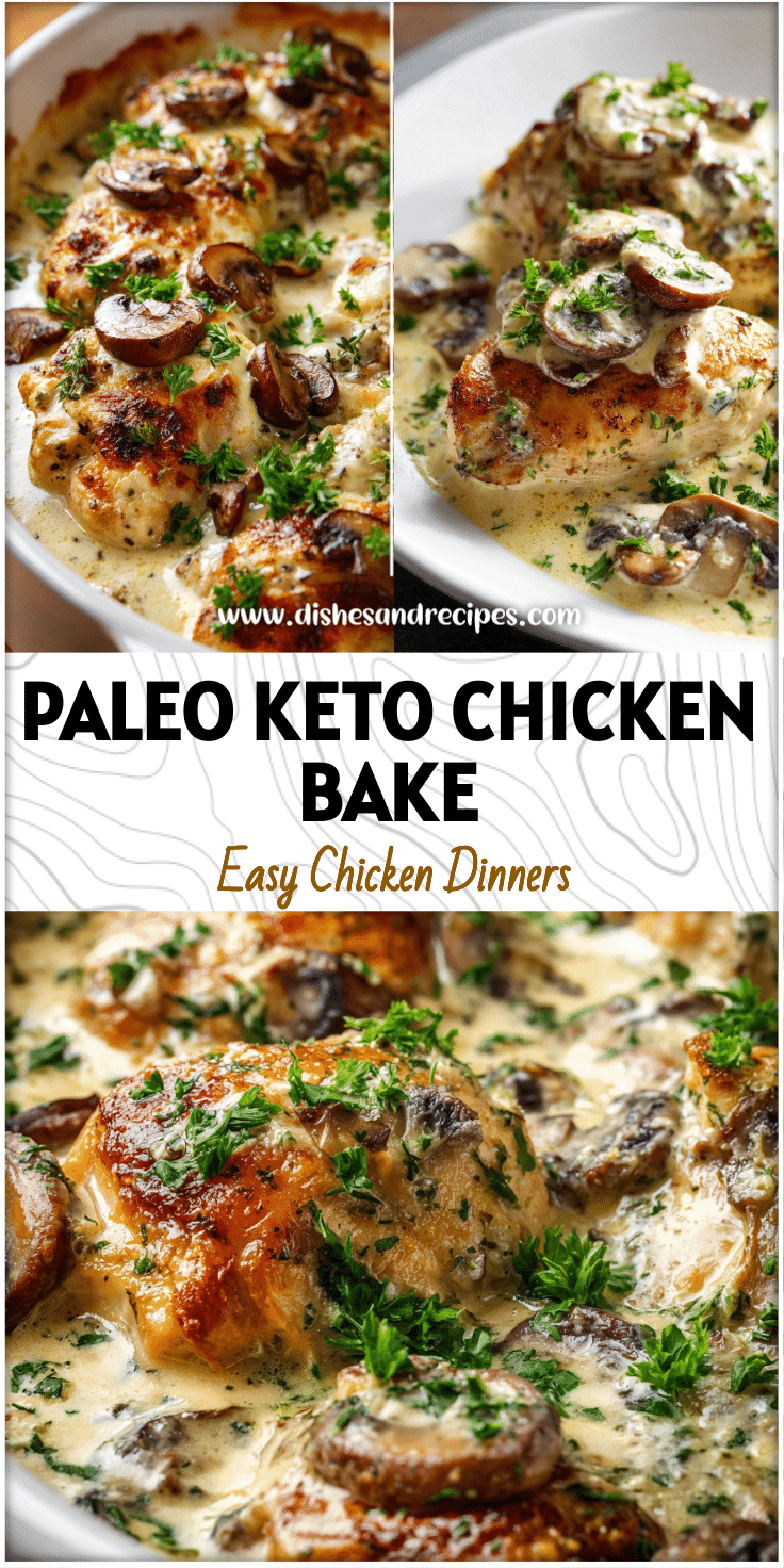 Baked paleo chicken with mushrooms in a creamy keto sauce garnished with fresh parsley.